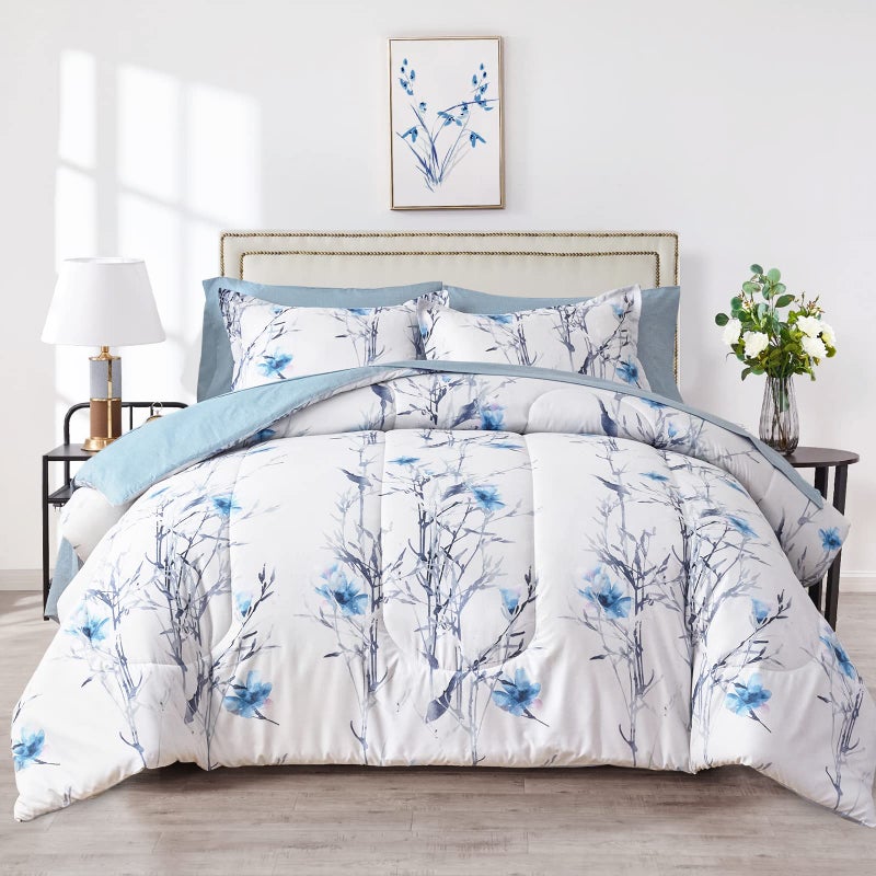 Flysheep 7 Piece Bed in a Bag Queen Comforter Set with Sheets, Blue Flower Branch on White Botanical Bedding Sets for All Season (1 Comforter, 2 Pillow Shams, 1 Flat Sheet, 1 Fitted Sheet, 2 Pillowcases) - Image 1