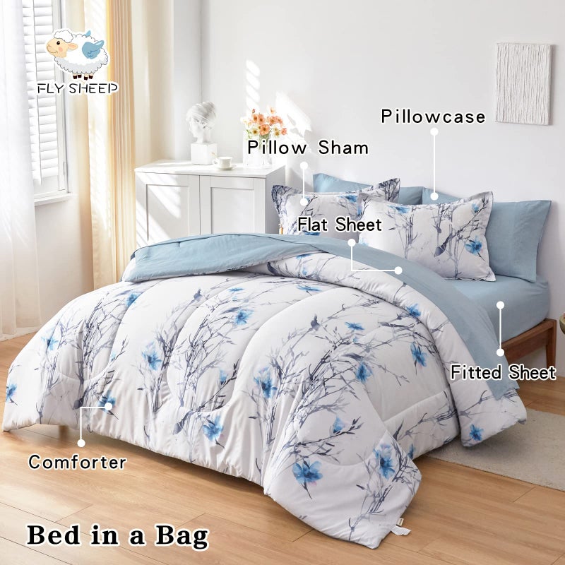 Flysheep 7 Piece Bed in a Bag Queen Comforter Set with Sheets, Blue Flower Branch on White Botanical Bedding Sets for All Season (1 Comforter, 2 Pillow Shams, 1 Flat Sheet, 1 Fitted Sheet, 2 Pillowcases) - Image 2
