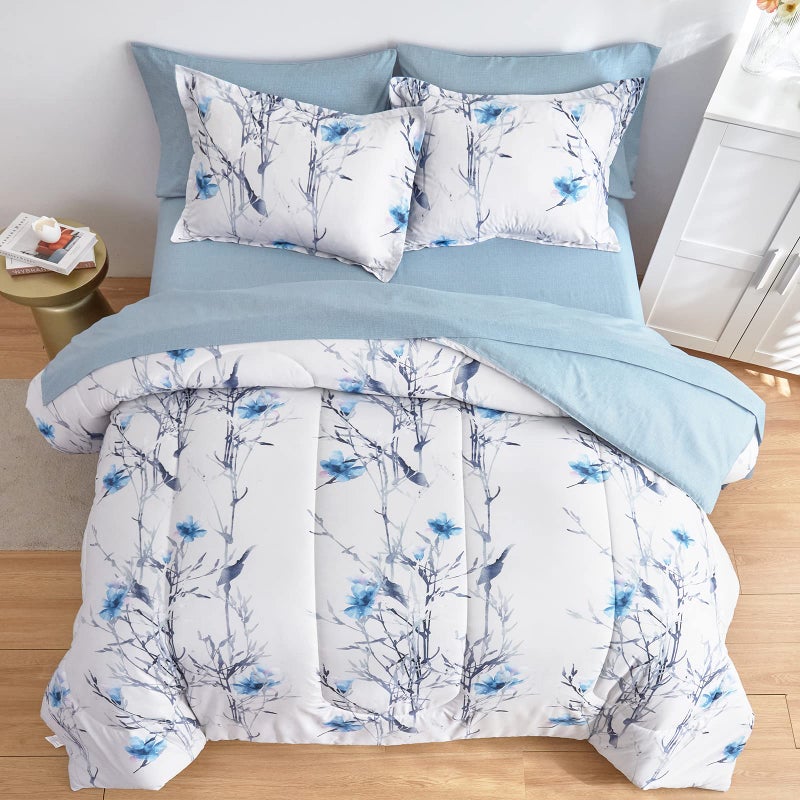 Flysheep 7 Piece Bed in a Bag Queen Comforter Set with Sheets, Blue Flower Branch on White Botanical Bedding Sets for All Season (1 Comforter, 2 Pillow Shams, 1 Flat Sheet, 1 Fitted Sheet, 2 Pillowcases) - Image 3