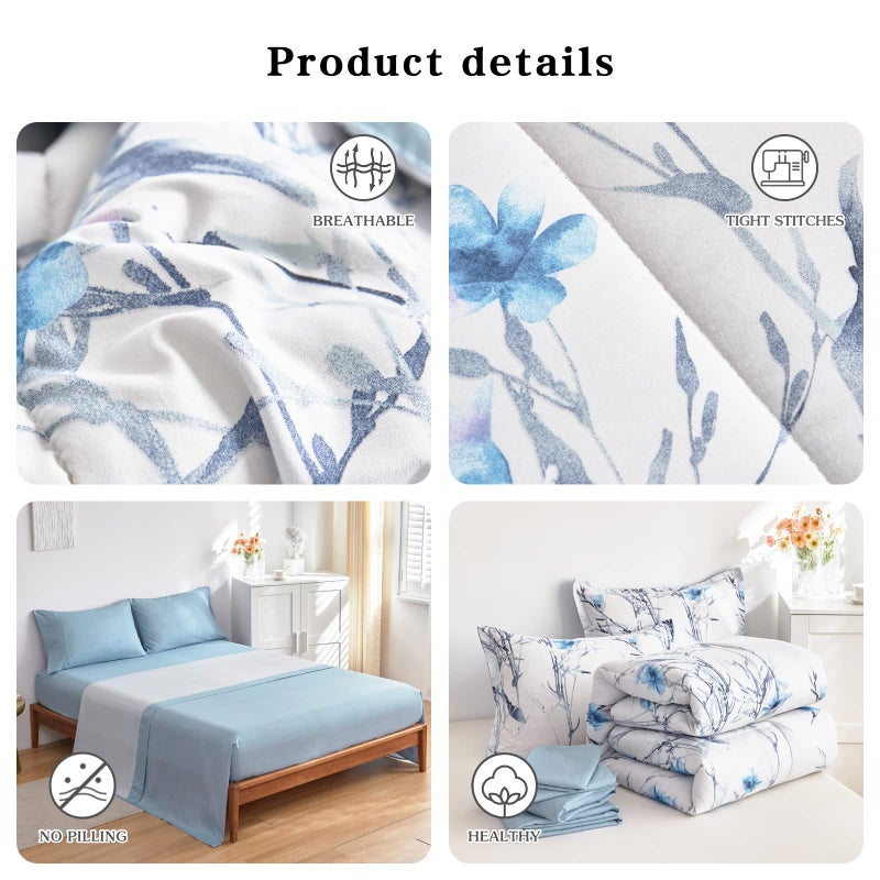 Flysheep 7 Piece Bed in a Bag Queen Comforter Set with Sheets, Blue Flower Branch on White Botanical Bedding Sets for All Season (1 Comforter, 2 Pillow Shams, 1 Flat Sheet, 1 Fitted Sheet, 2 Pillowcases) - Image 5