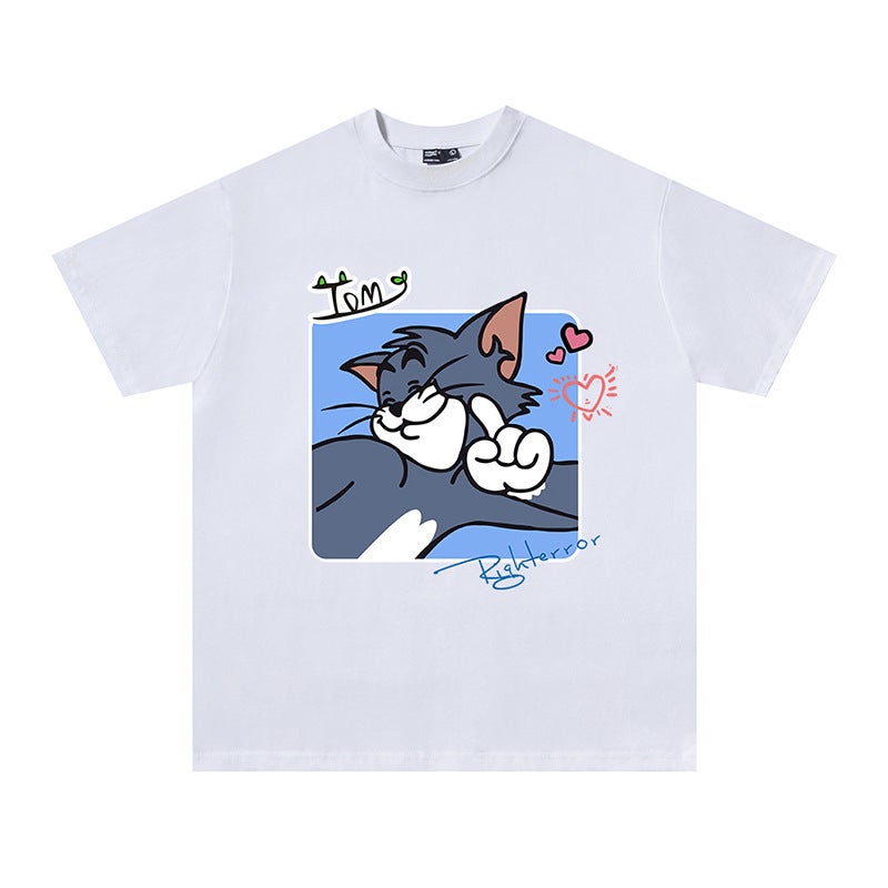 Couple Wear Heavyweight Pure Cotton T-Shirt Short-Sleeved Digital Direct Printing Trendyy Ins Cat And Mouse Top - Image 1