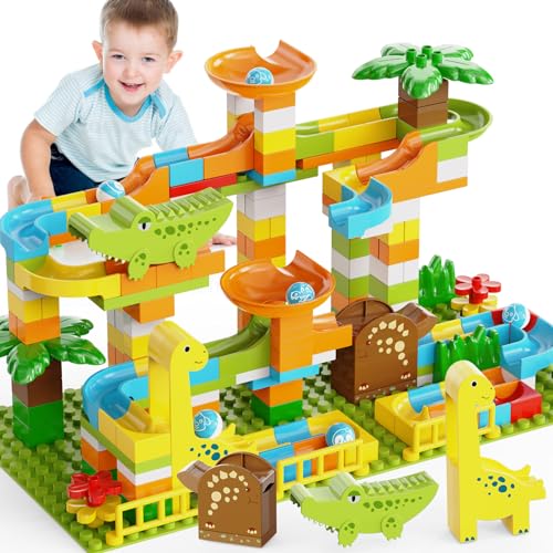 JIXIn Dinosaur Marble Runs Building Blocks 187Pcs Compatible With Lego DUPLOS for Ages 2-5 - Montessori STEM Toys - Fun Dinosaur Set for Kids 3+ - Image 1