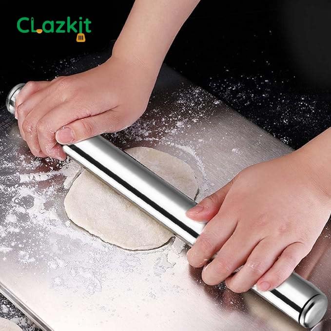 Clazkit Stainless Steel Rolling Pin Chapati Belan Best Kitchen Accessories Roti Roller Size (Dia 25 Mm X 31.8 Cm) - Image 4