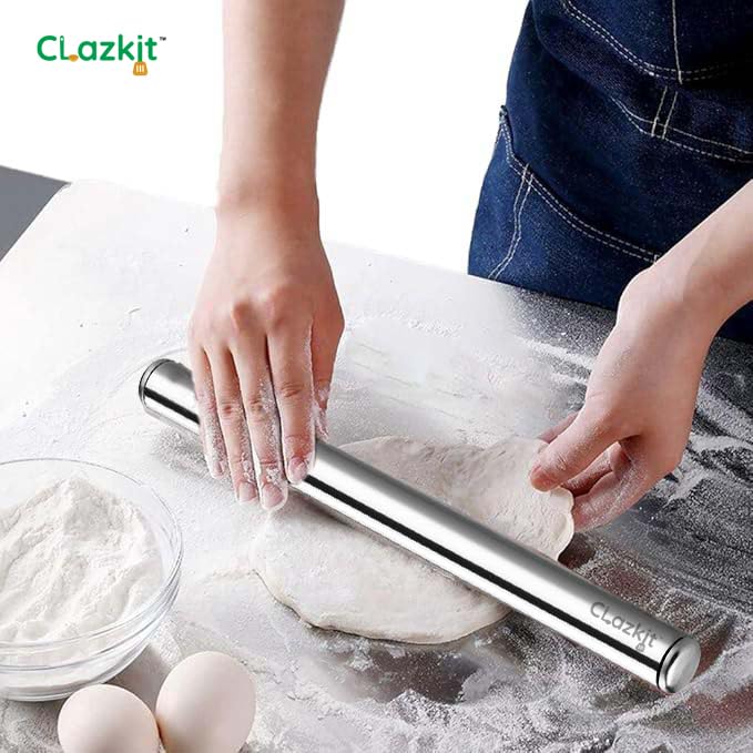 Clazkit Stainless Steel Rolling Pin Chapati Belan Best Kitchen Accessories Roti Roller Size (Dia 25 Mm X 31.8 Cm) - Image 5