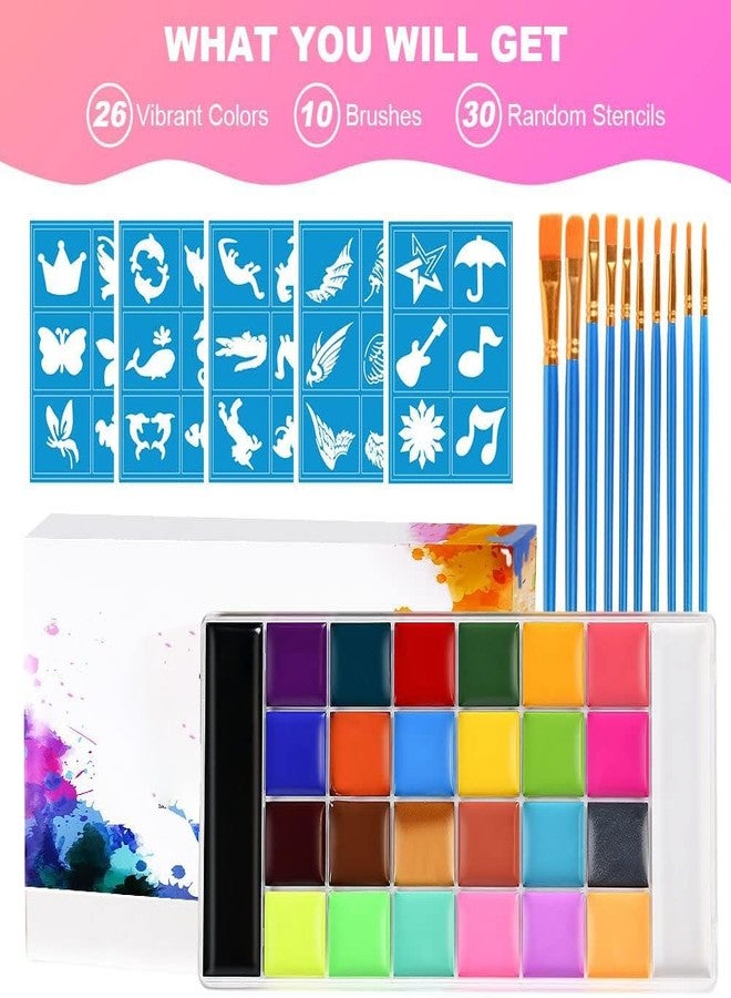 ستور 2508 طلاء الوجه والجسم من Store2508، لوحة ألوان تضم 26 لونًا مع 10 فرش و30 استنسل، طلاء جسم آمن وغير سام وقابل للغسل ذو أساس زيتي - Image 5