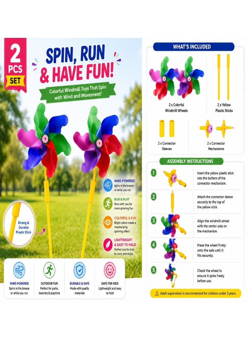 JOLLITY LLC 2 PCS Colorful Windmill Toy Set for Kids | Plastic Pinwheel Spinner | Outdoor Garden Wind Spinner | Running Toy | Party Favor | Multicolor - Image 2