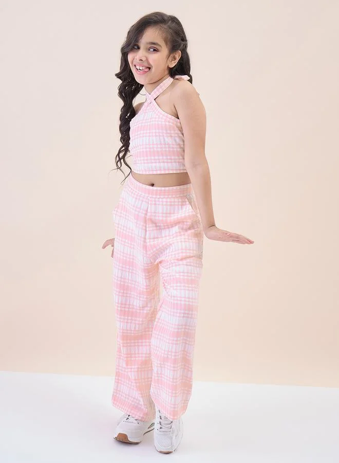 Stylo Bug Girls Peach Checked Halter Neck Top and Pants Set