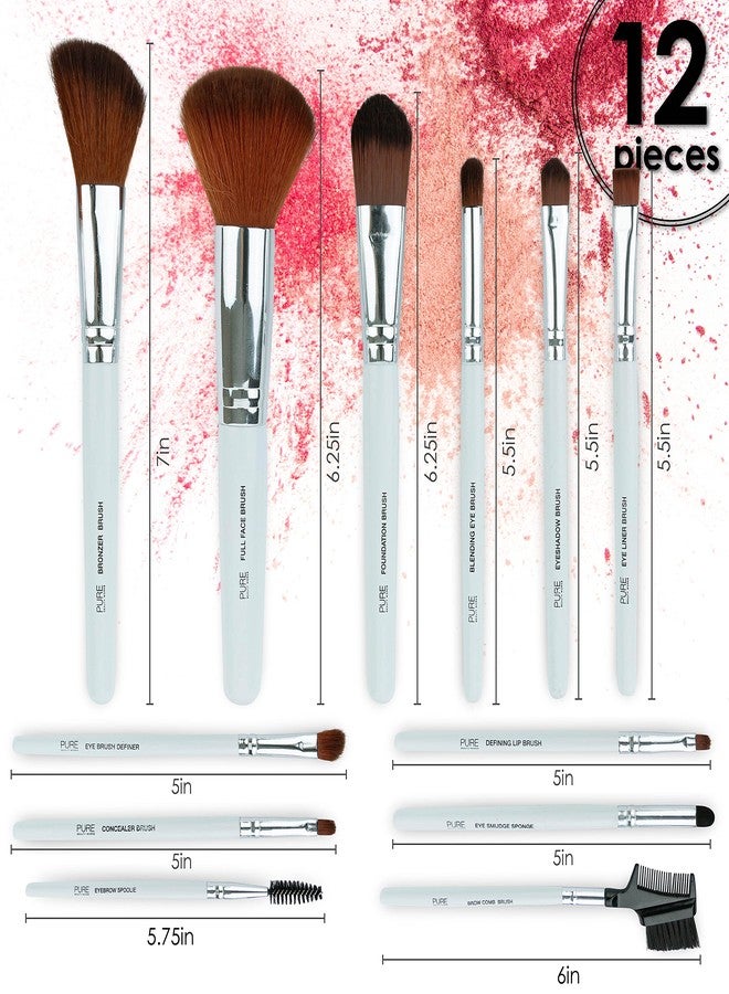 Pure Beauty Works 12pc Complete Makeup Brush Set Premium Synthetic Bristles Blending Brush Bronzer Brush Foundation Brush Eyeshadow Brush Face Powder Blush Concealer Eyeshadow Brush Set - Image 2