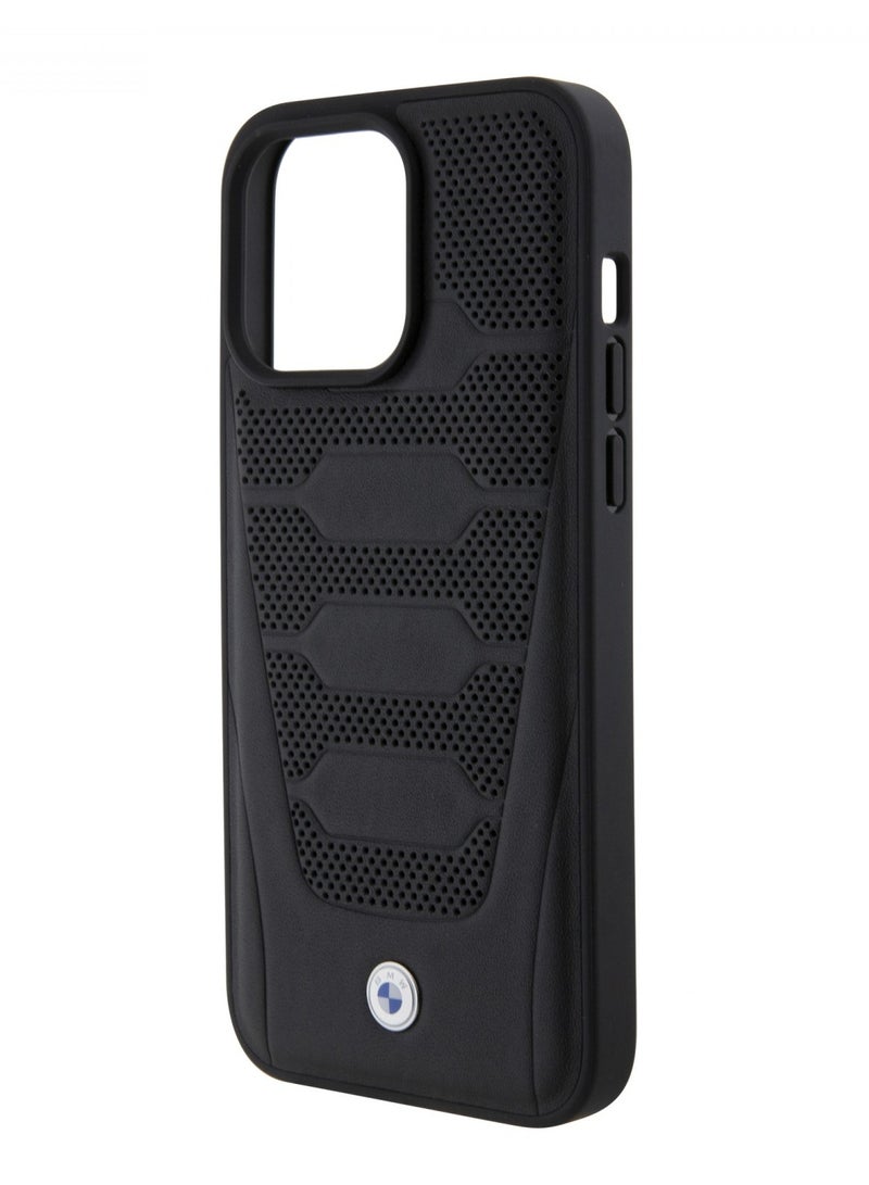 BMW Leather Case with Sign Seats Pattern for iPhone 15 Pro - Black - Image 1
