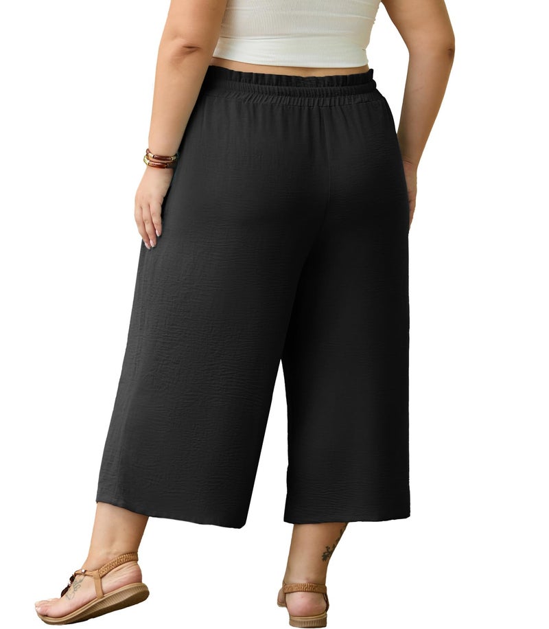 OLRIK Plus Size Capris for Women Summer Wide Leg Pants High Waist Drawstring Casual Capri Trousers with Pockets Black-2X - Image 3
