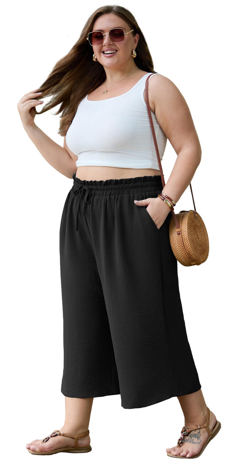 OLRIK Plus Size Capris for Women Summer Wide Leg Pants High Waist Drawstring Casual Capri Trousers with Pockets Black-2X - Image 2