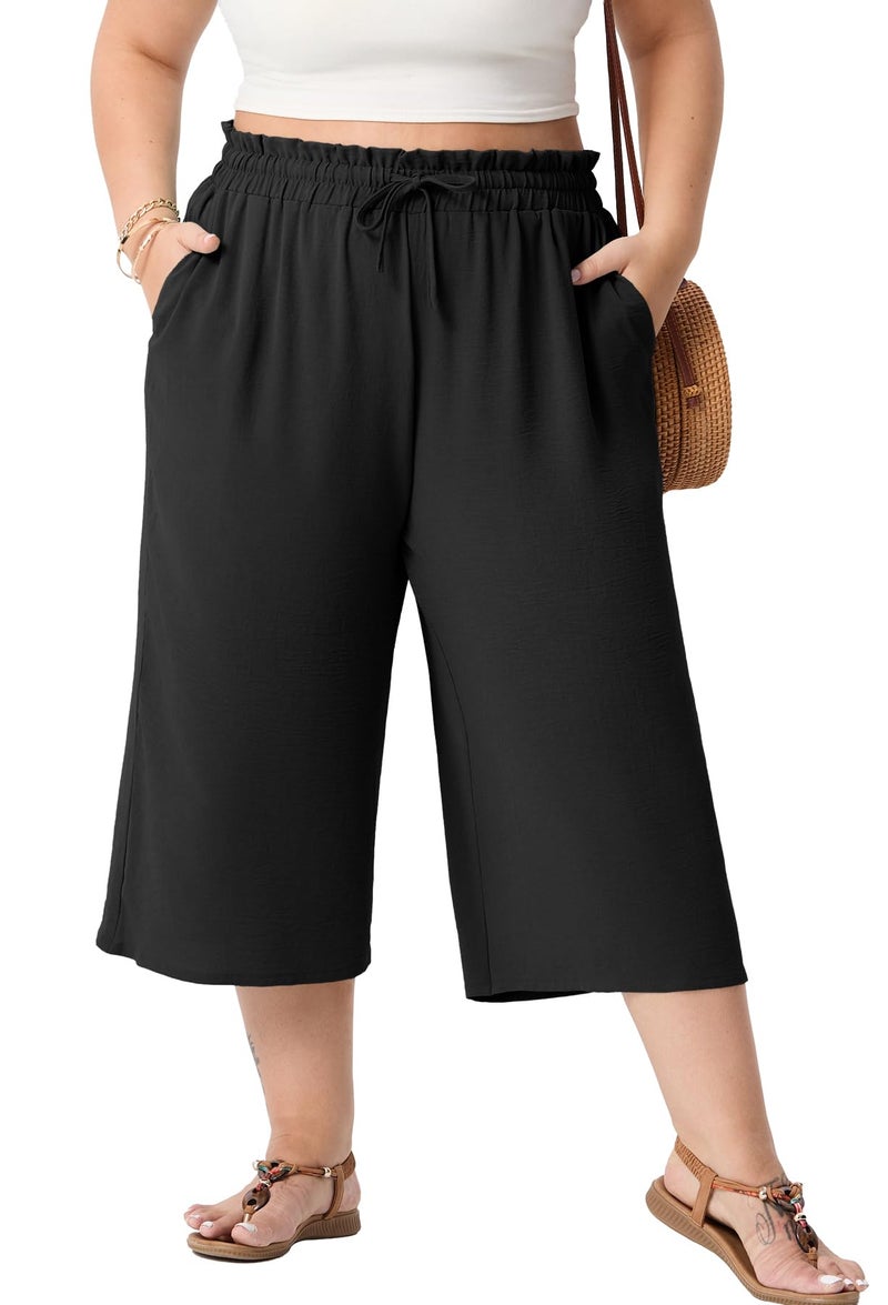 OLRIK Plus Size Capris for Women Summer Wide Leg Pants High Waist Drawstring Casual Capri Trousers with Pockets Black-2X - Image 5