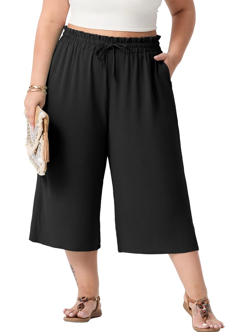 OLRIK Plus Size Capris for Women Summer Wide Leg Pants High Waist Drawstring Casual Capri Trousers with Pockets Black-2X - Image 1