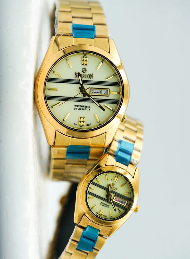 Sveston Unisex Gold Stainless Steel Glow in Dark Radium Analogue Couple Watch SV-10027 - Image 2
