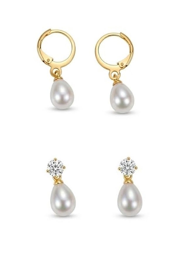 Honbon 2 Pairs Faux Pearl Teardrop Huggie Hoop Earrings Western Style Sparkling AD Stone Ear Stud White Oval Pearl Drop & Dangle Earrings Simple Small Kaan ki Bali for Women & Girls Gifts for Birthday, Valentine’s Day - Image 1