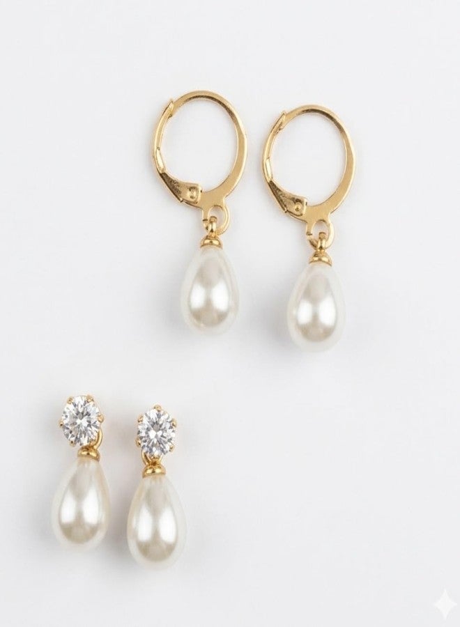 Honbon 2 Pairs Faux Pearl Teardrop Huggie Hoop Earrings Western Style Sparkling AD Stone Ear Stud White Oval Pearl Drop & Dangle Earrings Simple Small Kaan ki Bali for Women & Girls Gifts for Birthday, Valentine’s Day - Image 5
