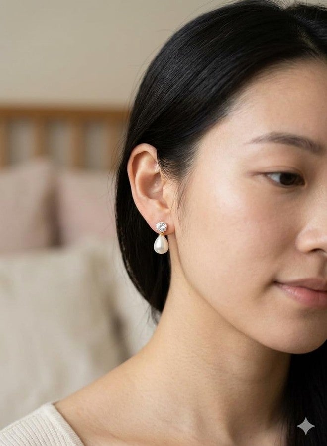 Honbon 2 Pairs Faux Pearl Teardrop Huggie Hoop Earrings Western Style Sparkling AD Stone Ear Stud White Oval Pearl Drop & Dangle Earrings Simple Small Kaan ki Bali for Women & Girls Gifts for Birthday, Valentine’s Day - Image 3