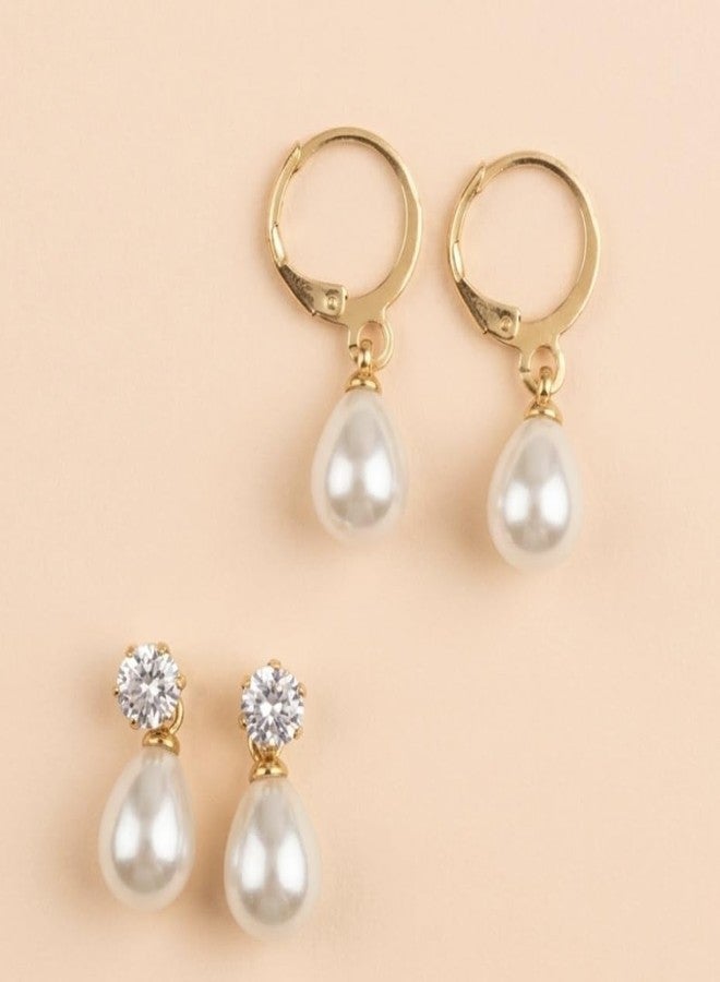Honbon 2 Pairs Faux Pearl Teardrop Huggie Hoop Earrings Western Style Sparkling AD Stone Ear Stud White Oval Pearl Drop & Dangle Earrings Simple Small Kaan ki Bali for Women & Girls Gifts for Birthday, Valentine’s Day - Image 2