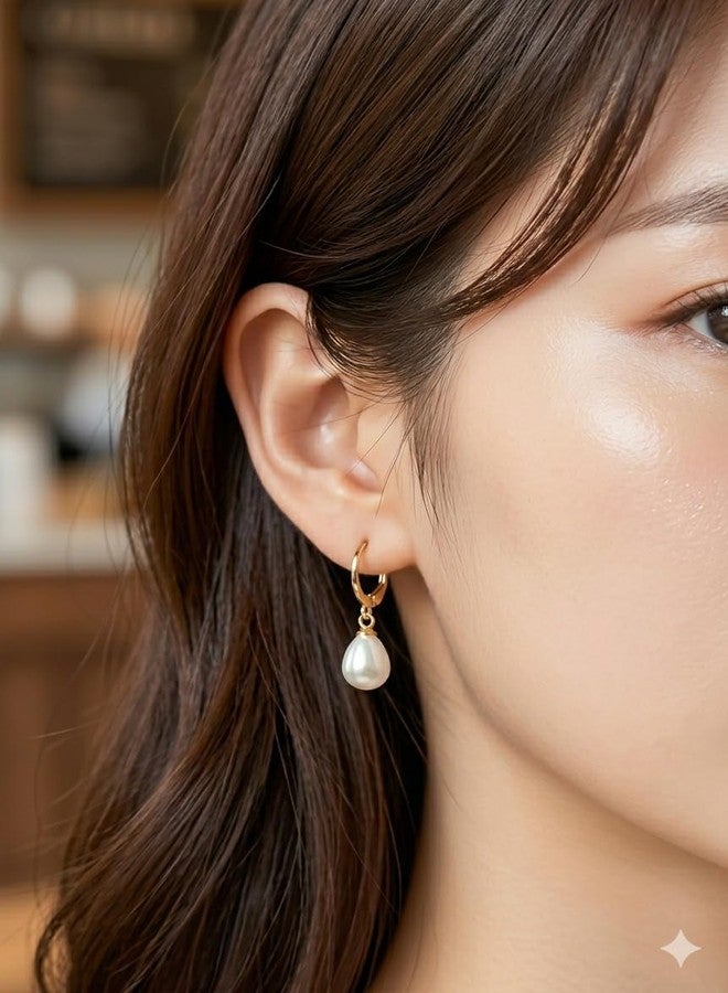 Honbon 2 Pairs Faux Pearl Teardrop Huggie Hoop Earrings Western Style Sparkling AD Stone Ear Stud White Oval Pearl Drop & Dangle Earrings Simple Small Kaan ki Bali for Women & Girls Gifts for Birthday, Valentine’s Day - Image 4