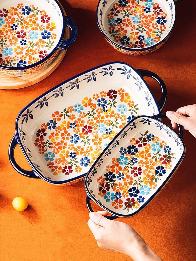Bicuzat Colorful Cherry Blossom Flowers Vintage Style Ceramic Bakeware Dish Casserole Dish Baking Pan Lasagna Pans with Handles for Oven/Cooking/Kitchen, 1 PCS, 32 oz - Image 4