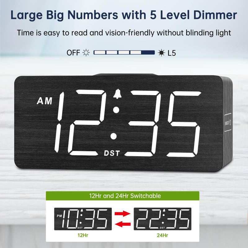 DreamSky Wooden Digital Alarm Clock with Wireless Charging for Bedroom, Bedside Nightstand Clock with Charger Station, USB Port, Large Numbers, Adjustable Volume, Brightness Dimmer, DST - Image 5