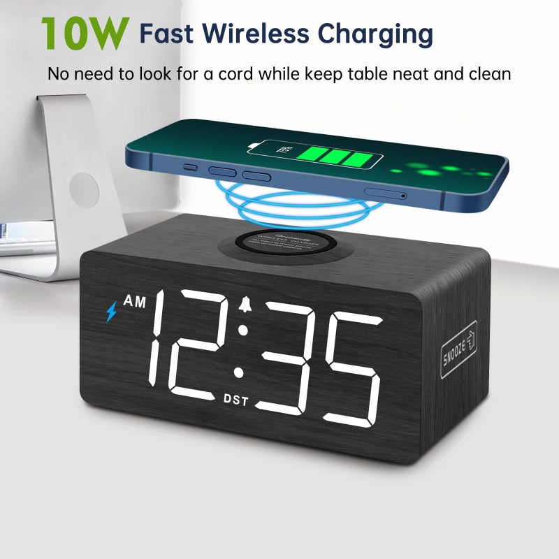 DreamSky Wooden Digital Alarm Clock with Wireless Charging for Bedroom, Bedside Nightstand Clock with Charger Station, USB Port, Large Numbers, Adjustable Volume, Brightness Dimmer, DST - Image 3