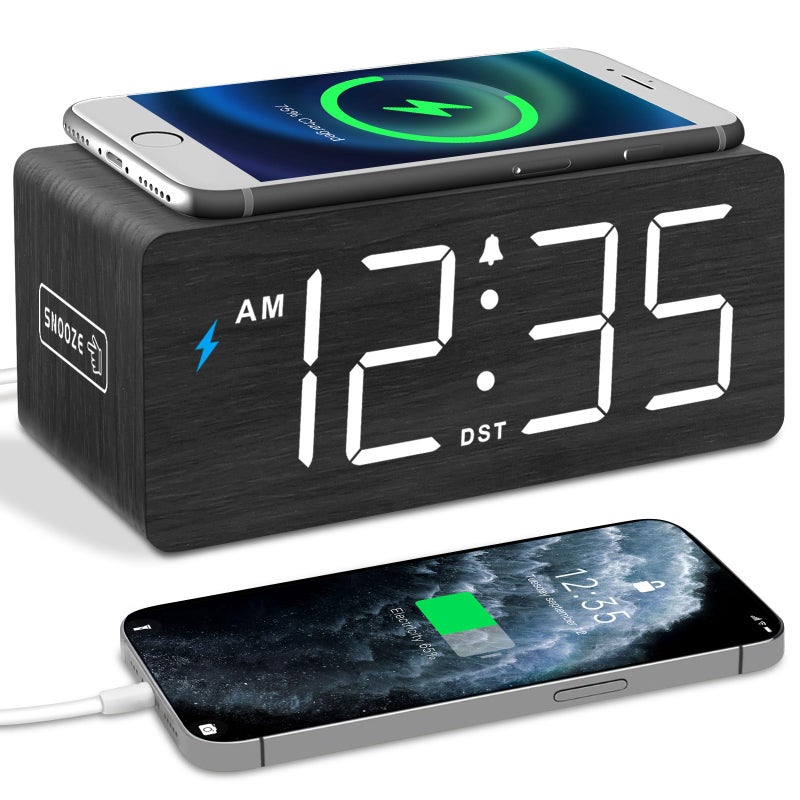 DreamSky Wooden Digital Alarm Clock with Wireless Charging for Bedroom, Bedside Nightstand Clock with Charger Station, USB Port, Large Numbers, Adjustable Volume, Brightness Dimmer, DST - Image 2