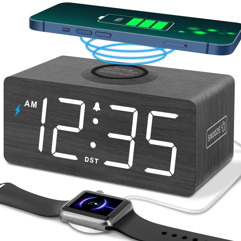 DreamSky Wooden Digital Alarm Clock with Wireless Charging for Bedroom, Bedside Nightstand Clock with Charger Station, USB Port, Large Numbers, Adjustable Volume, Brightness Dimmer, DST - Image 1