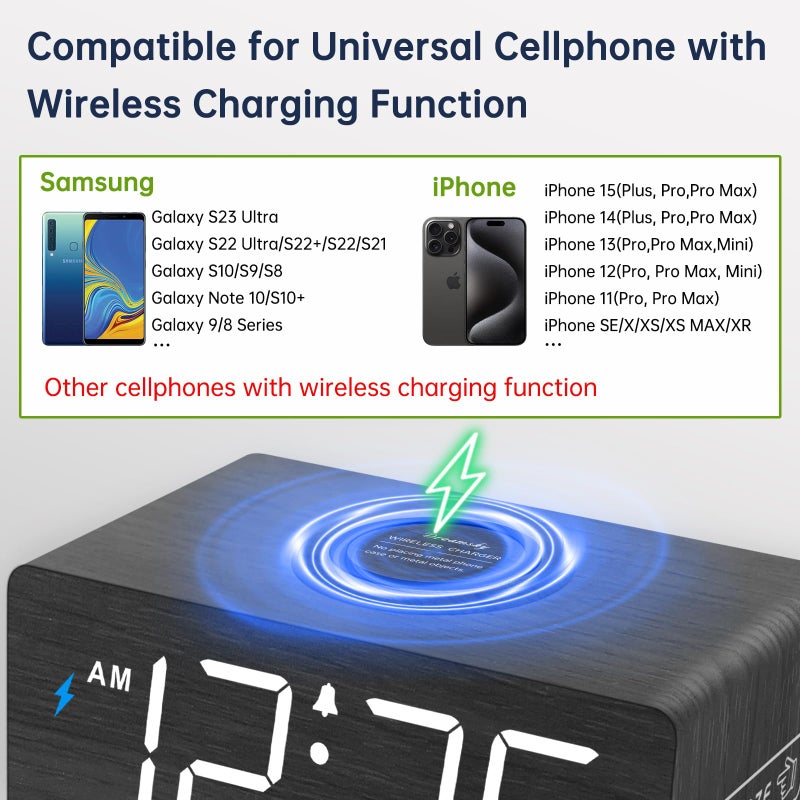 DreamSky Wooden Digital Alarm Clock with Wireless Charging for Bedroom, Bedside Nightstand Clock with Charger Station, USB Port, Large Numbers, Adjustable Volume, Brightness Dimmer, DST - Image 4