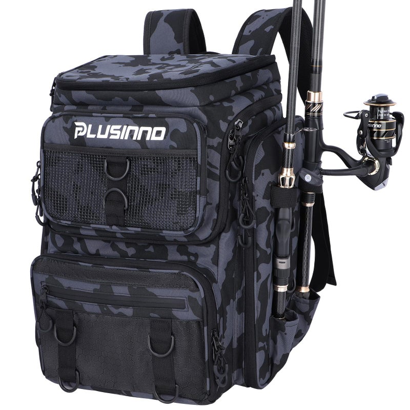 PLUSINNO Fishing Backpack with Rod Holders, 42L Large Water-Resistant Tackle Bag for Fishing, Camping, Hiking, Gifts, Black Camouflage., 36 cm x 25 cm x 45 cm, Daypack - Image 1