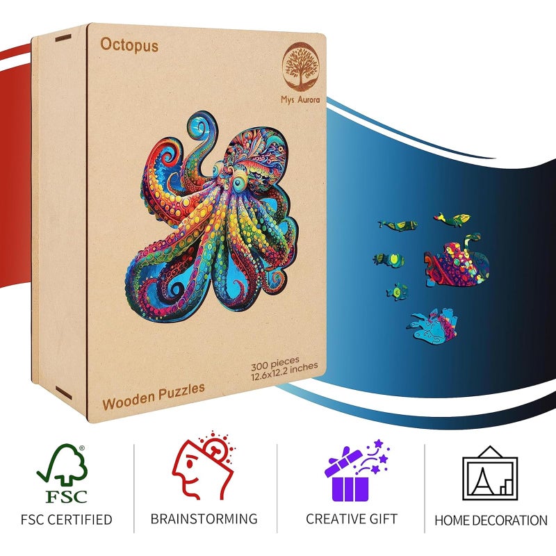 Mys Aurora Unique Wooden Jigsaw Puzzles - Agate Octopus, 300 Pcs Medium Size 12.6'' x 12.2'', Luxurious Animal Shaped Wood Puzzle, Beautiful Package, Best Gift for Adults - Image 5