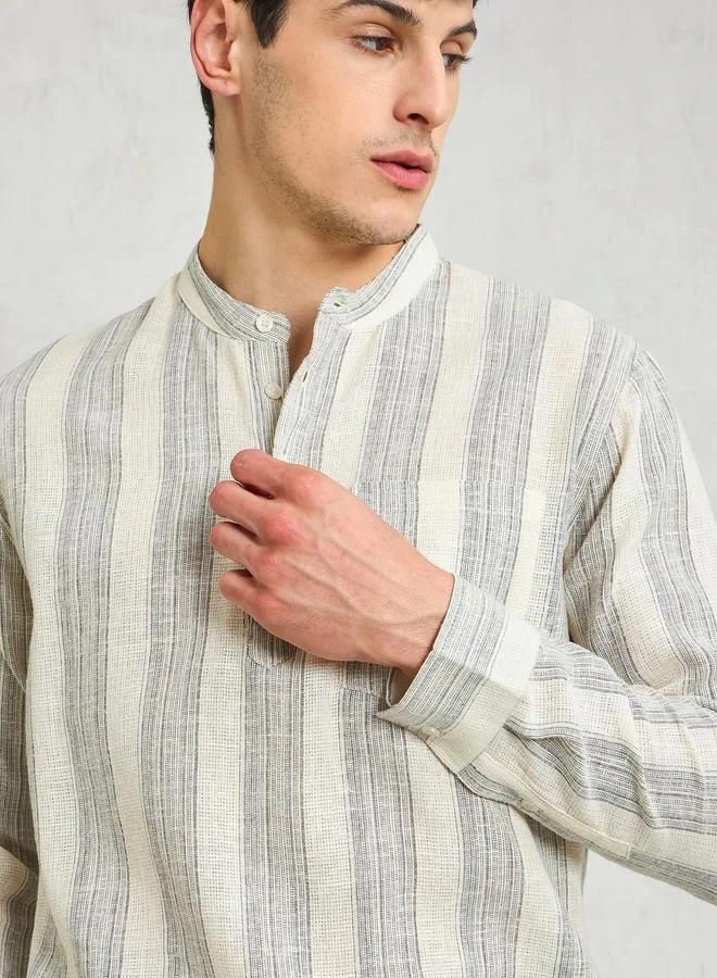 SASSAFRAS Sassafras Beige Striped Relaxed Fit Kurta Shirt