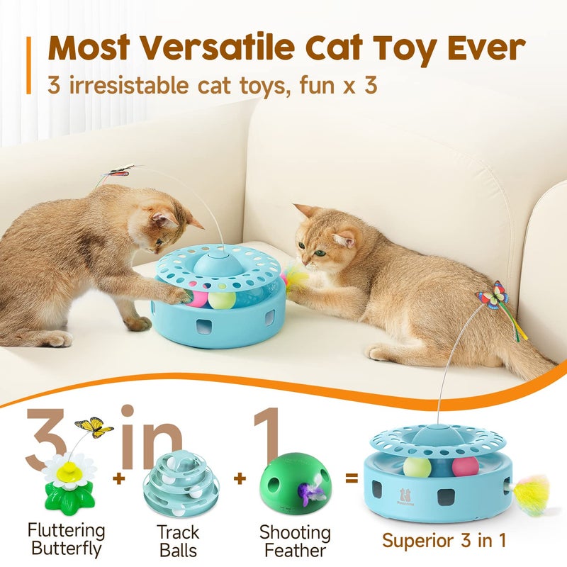 Potaroma Cat Toys 3-in-1 Automatic Interactive Kitten Toy, Fluttering Butterfly, Random Moving Ambush Feather, Track Balls, Dual Power Supplies, USB Powered, Indoor Exercise Cat Kicker (Blue) - Image 2
