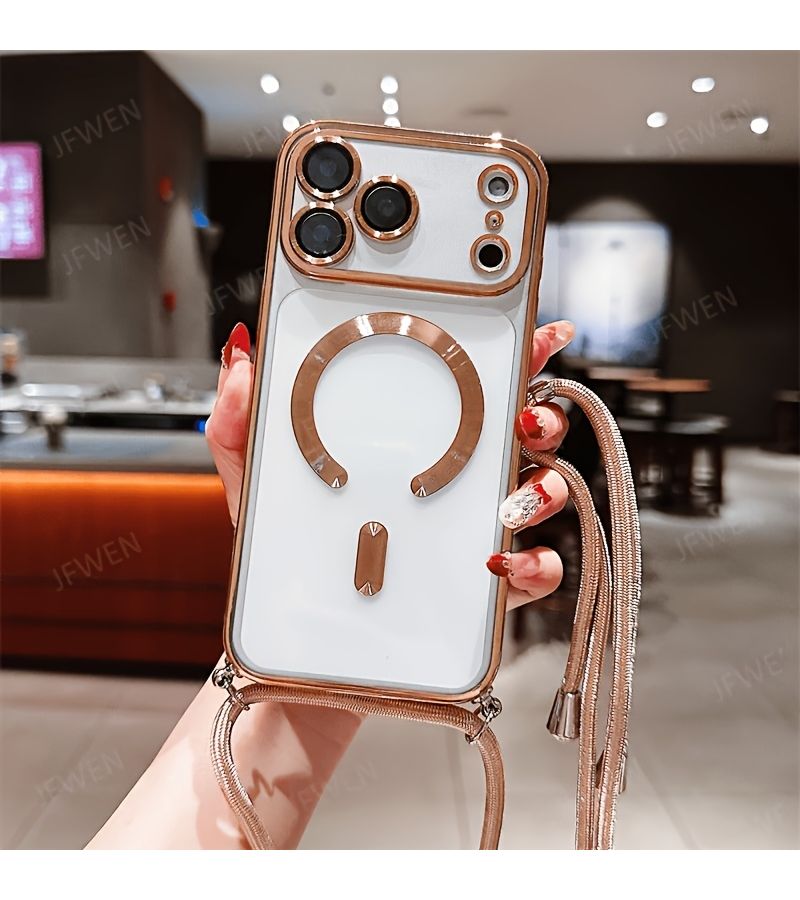 Golden Transparent Magnetic Phone Case for iPhone 17 Pro Max With Rope - Image 3