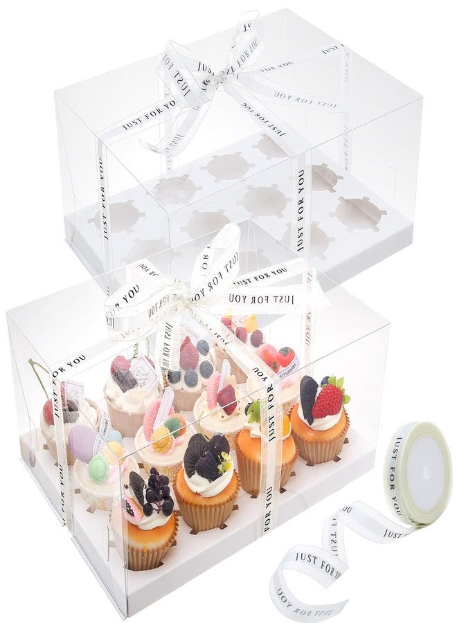 CHENZEM 5 Pcs clear cupcake boxes with complimentary gift ribbon, 12 Count cup container, plastic cupcake tray, suitable for desserts, cookies, muffins, pastries (White, 12 Counts/5 pcs) - Image 1