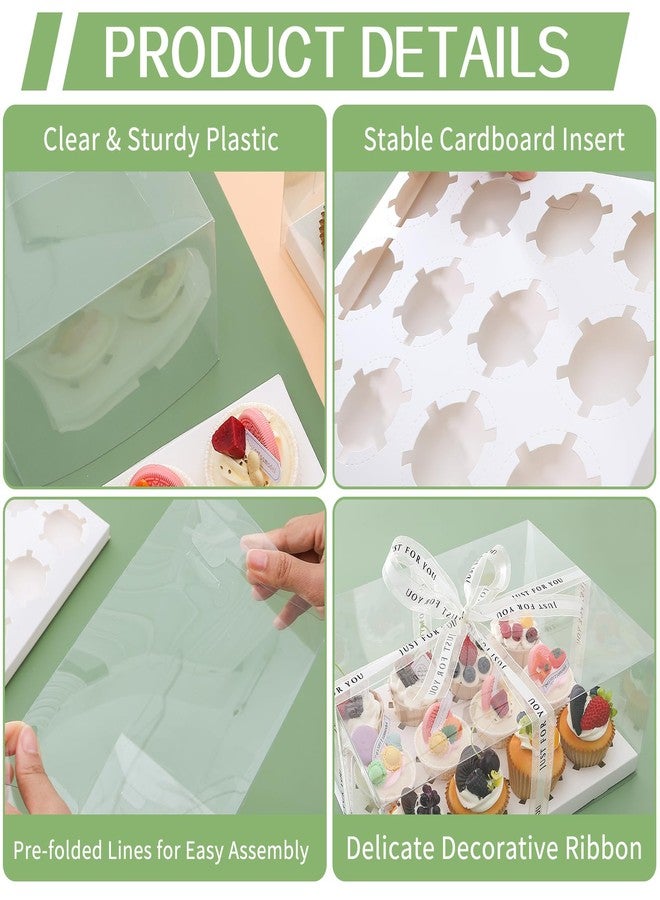 CHENZEM 5 Pcs clear cupcake boxes with complimentary gift ribbon, 12 Count cup container, plastic cupcake tray, suitable for desserts, cookies, muffins, pastries (White, 12 Counts/5 pcs) - Image 3