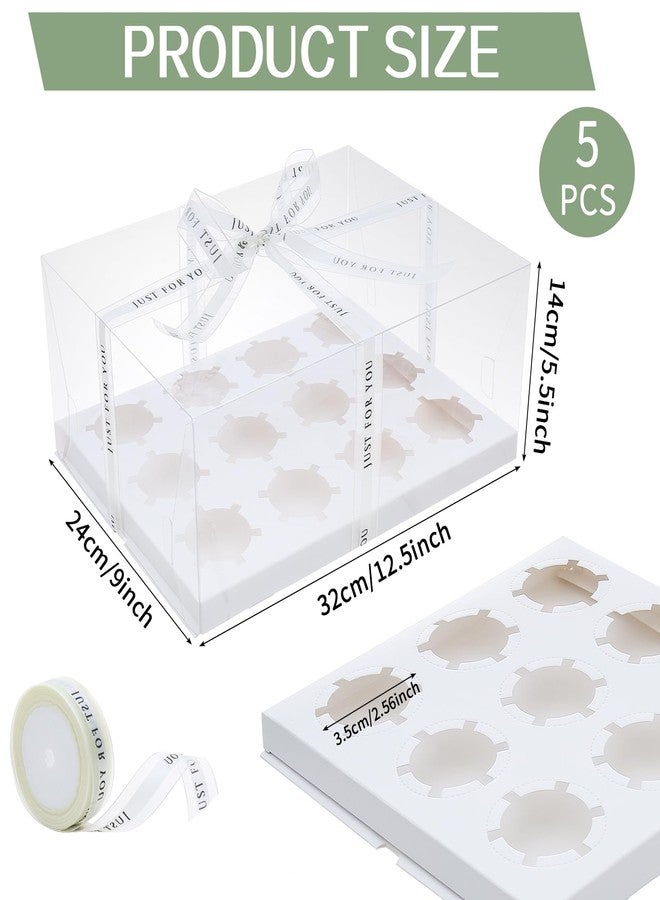CHENZEM 5 Pcs clear cupcake boxes with complimentary gift ribbon, 12 Count cup container, plastic cupcake tray, suitable for desserts, cookies, muffins, pastries (White, 12 Counts/5 pcs) - Image 2