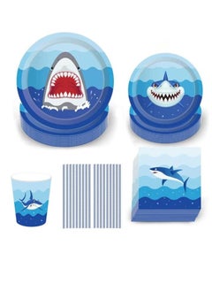 Shark Disposable Tableware Set, 69Pcs Shark Party Supplies with Plates (9inch And 7inch) Napkins Cups and Straws for Kids Birthday Baby Shower Pool Party Dinner Dessert - 8 Guests