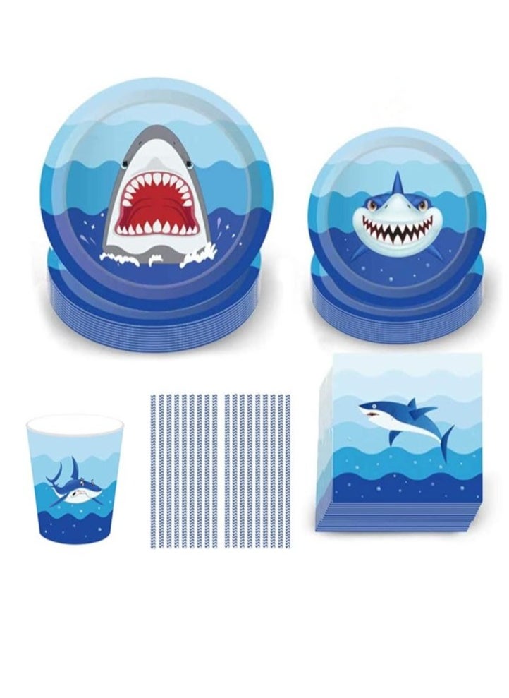 Vitacelli - Shark Disposable Tableware Set, 69Pcs Shark Party Supplies with Plates (9inch And 7inch) Napkins Cups and Straws for Kids Birthday Baby Shower Pool Party Dinner Dessert - 8 Guests - Image 1