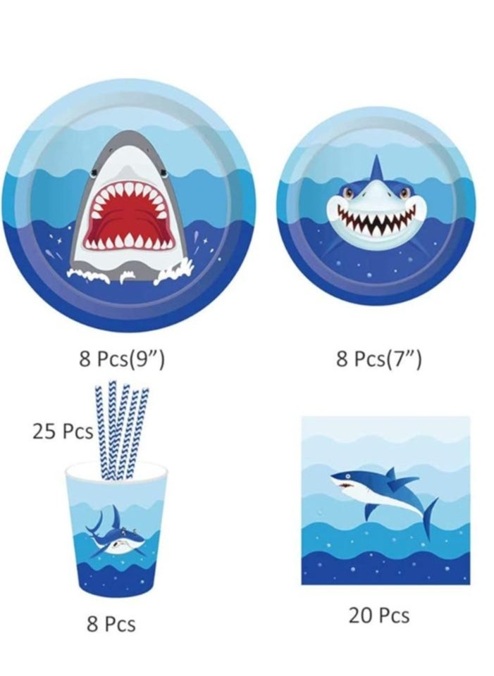 Vitacelli - Shark Disposable Tableware Set, 69Pcs Shark Party Supplies with Plates (9inch And 7inch) Napkins Cups and Straws for Kids Birthday Baby Shower Pool Party Dinner Dessert - 8 Guests - Image 1