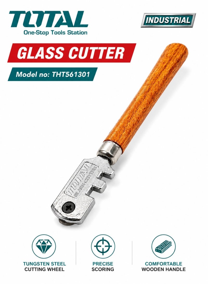 TOTAL Glass Cutter THT561301 130mm Professional Glass Cutting Tool, Tungsten Carbide Cutting Wheel, Wooden Handle Glass Cutter, Multi Position Cutting Head, Precision Glass Scoring Tool for Window Mirror Tile Sheet Glass DIY Repair - Image 1