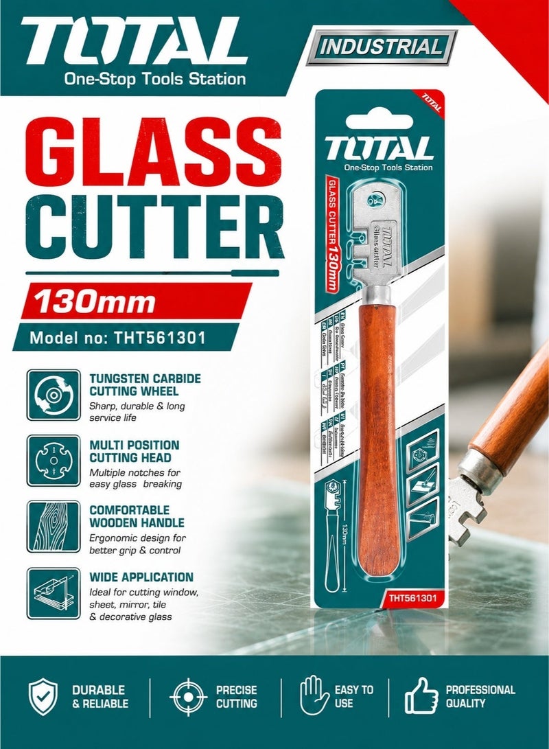 TOTAL Glass Cutter THT561301 130mm Professional Glass Cutting Tool, Tungsten Carbide Cutting Wheel, Wooden Handle Glass Cutter, Multi Position Cutting Head, Precision Glass Scoring Tool for Window Mirror Tile Sheet Glass DIY Repair - Image 2