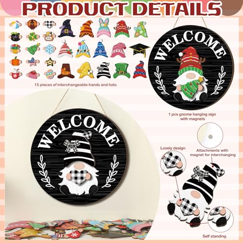 Qunclay Interchangeable Wooden Gnome Decor Holiday Seasonal Gnome Decorations with Magnet Pieces and Detachable Hats Changeable Welcome Sign for Home(Black Style) - Image 4