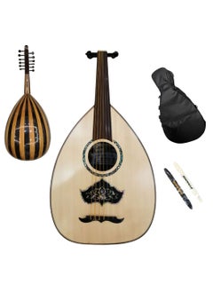 Al-Karz Music Luxurious Abaza Azouz Oud includes a padded bag and two pyramid picks. 