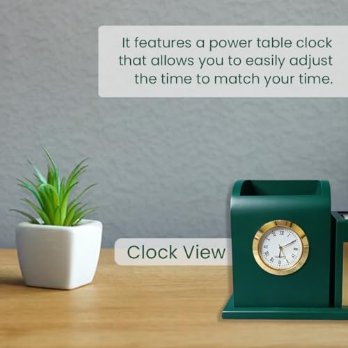 Giftana Pen Stand with Table Watch,Table Calendar, Desk Organizer With Wooden, Pen Stand for Doctors, Office Desk & Study, New Year Corporate Gift for Employee (Green,Gold) - Image 4
