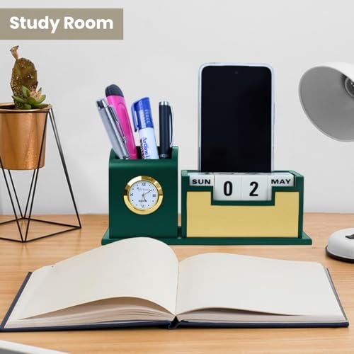 Giftana Pen Stand with Table Watch,Table Calendar, Desk Organizer With Wooden, Pen Stand for Doctors, Office Desk & Study, New Year Corporate Gift for Employee (Green,Gold) - Image 5