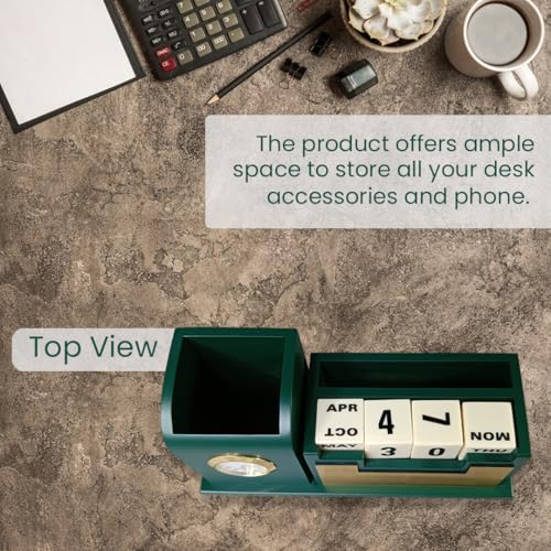 Giftana Pen Stand with Table Watch,Table Calendar, Desk Organizer With Wooden, Pen Stand for Doctors, Office Desk & Study, New Year Corporate Gift for Employee (Green,Gold) - Image 3