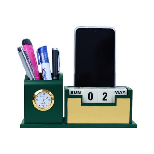 Giftana Pen Stand with Table Watch,Table Calendar, Desk Organizer With Wooden, Pen Stand for Doctors, Office Desk & Study, New Year Corporate Gift for Employee (Green,Gold) - Image 1
