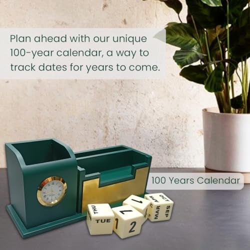 Giftana Pen Stand with Table Watch,Table Calendar, Desk Organizer With Wooden, Pen Stand for Doctors, Office Desk & Study, New Year Corporate Gift for Employee (Green,Gold) - Image 2