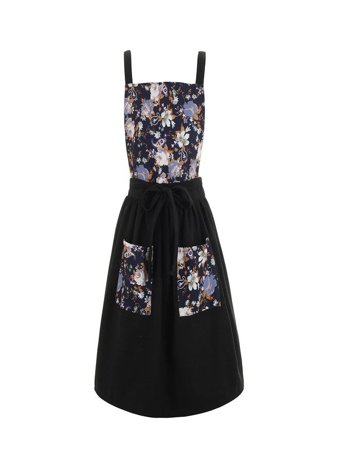 Pinknoke Vintage Pinafore Apron Dress for Women with Pockets Cute Floral Chef Aprons for Kitchen Cooking Baking Gardening (Black) - Image 1